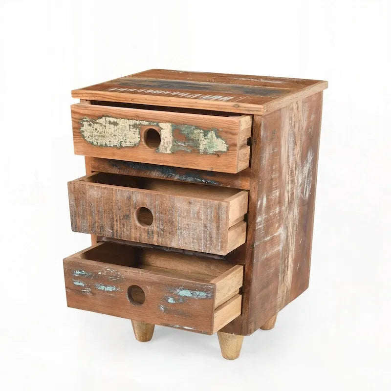 Reclaimed Wood Nightstand 3 Drawer Side Table Rustic Distressed Natural