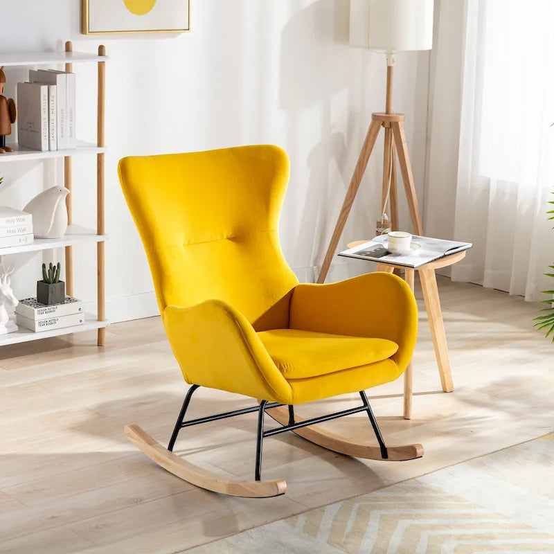 Modern Upholstered High Back Rocking Chair Teddy Fabric Metal Frame Rubberwood Rockers Yellow