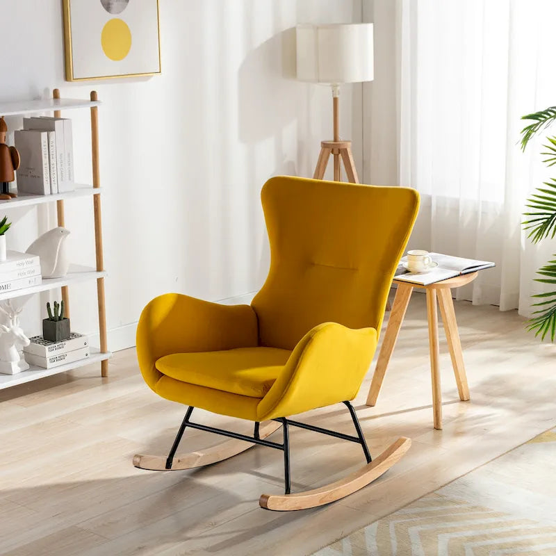 Modern Upholstered High Back Rocking Chair Teddy Fabric Metal Frame Rubberwood Rockers Yellow