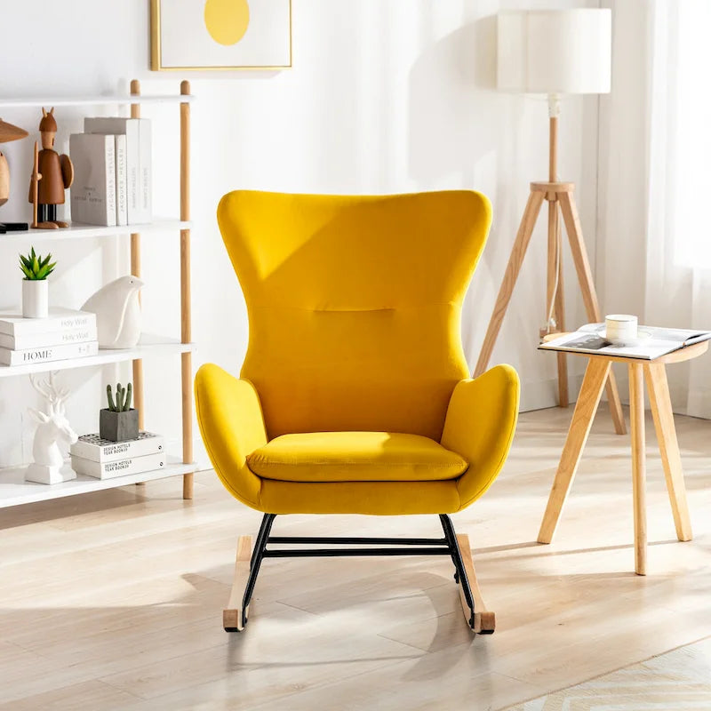 Modern Upholstered High Back Rocking Chair Teddy Fabric Metal Frame Rubberwood Rockers Yellow