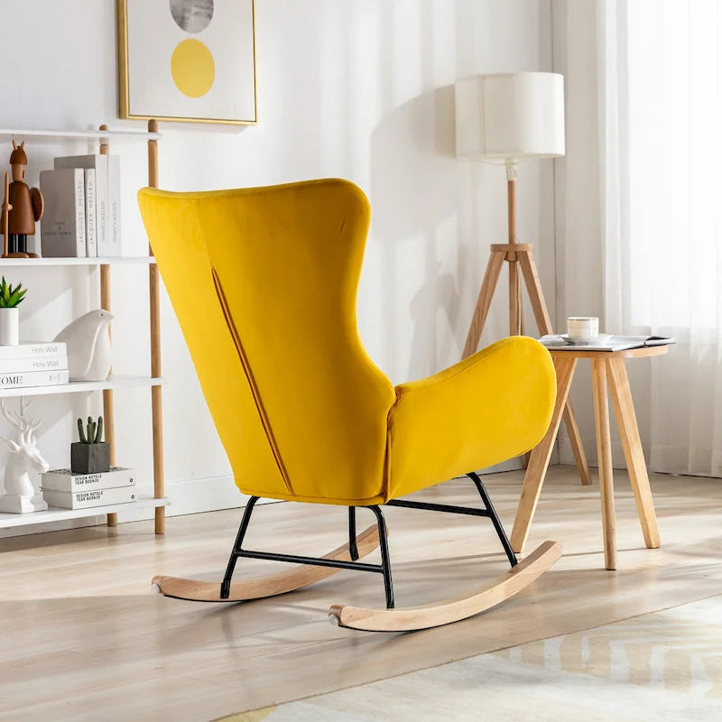 Modern Upholstered High Back Rocking Chair Teddy Fabric Metal Frame Rubberwood Rockers Yellow