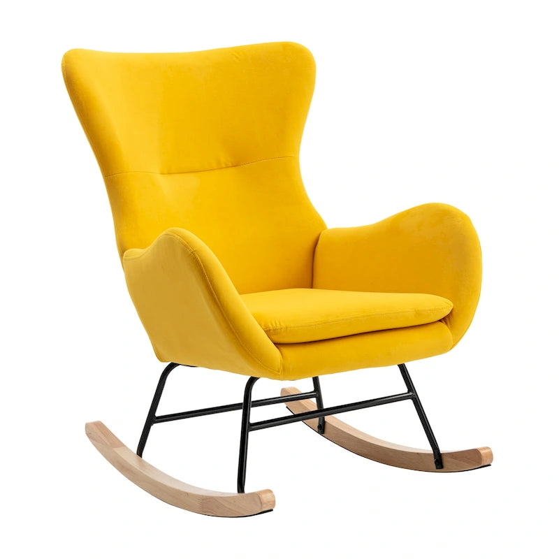 Modern Upholstered High Back Rocking Chair Teddy Fabric Metal Frame Rubberwood Rockers Yellow