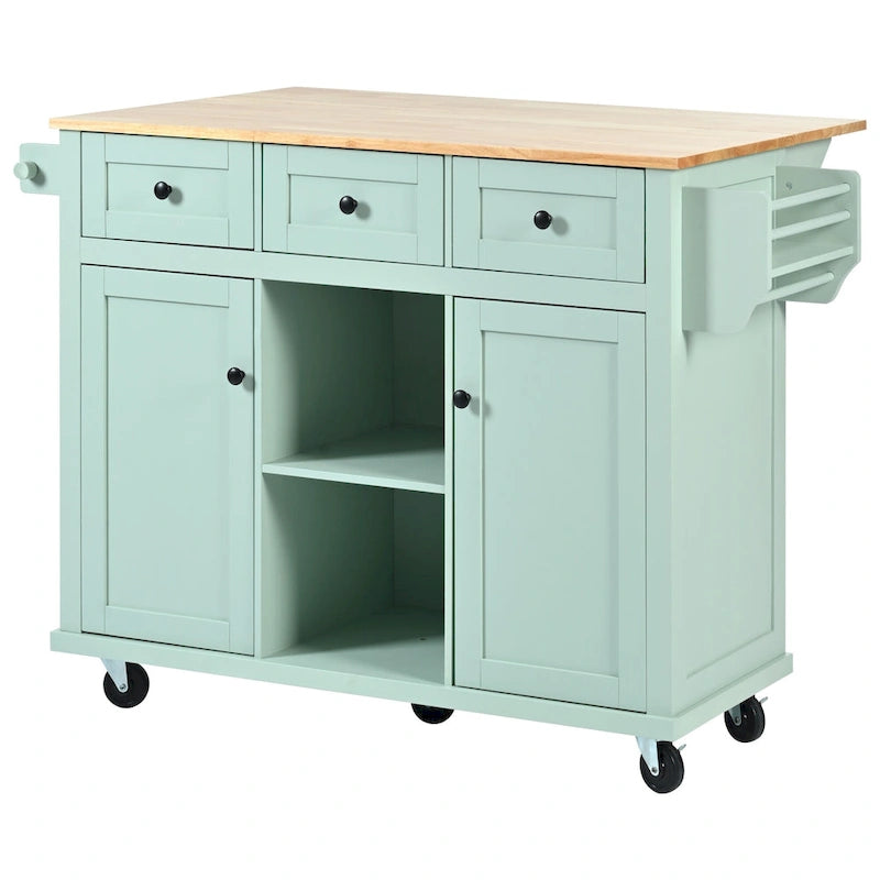 Rolling Kitchen Island Cart Drop Leaf 3 Drawers Door Storage Shelves 5 Wheels