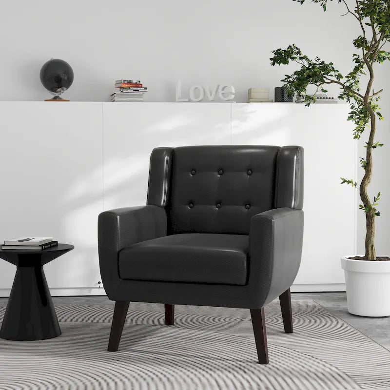 Faux Leather Accent Armchair Button Tufted High Back Wide Arms Dark Wood Legs