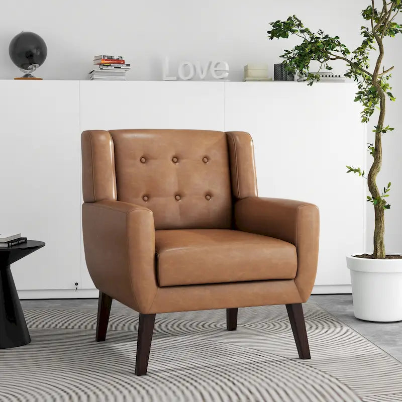 Faux Leather Accent Armchair Button Tufted High Back Wide Arms Dark Wood Legs