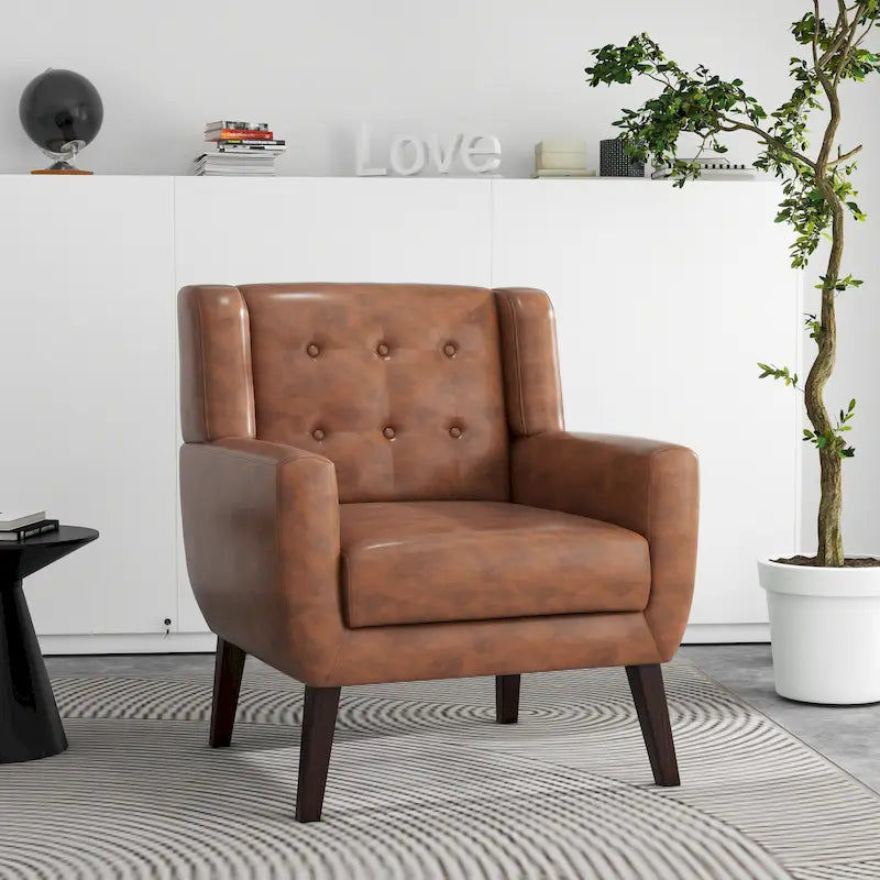 Faux Leather Accent Armchair Button Tufted High Back Wide Arms Dark Wood Legs