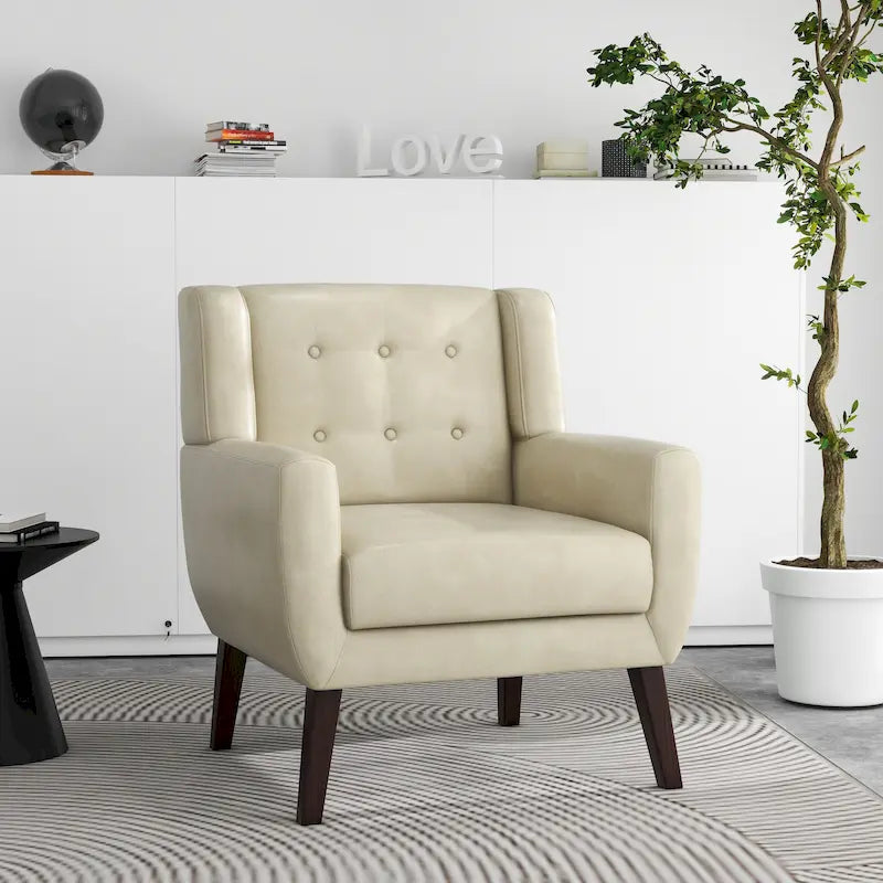 Faux Leather Accent Armchair Button Tufted High Back Wide Arms Dark Wood Legs