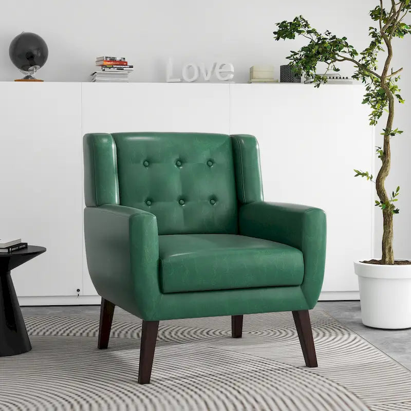 Faux Leather Accent Armchair Button Tufted High Back Wide Arms Dark Wood Legs