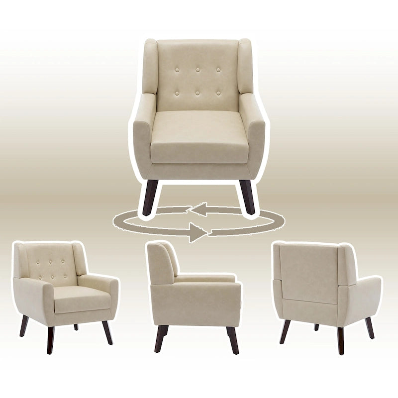 Faux Leather Accent Armchair Button Tufted High Back Wide Arms Dark Wood Legs