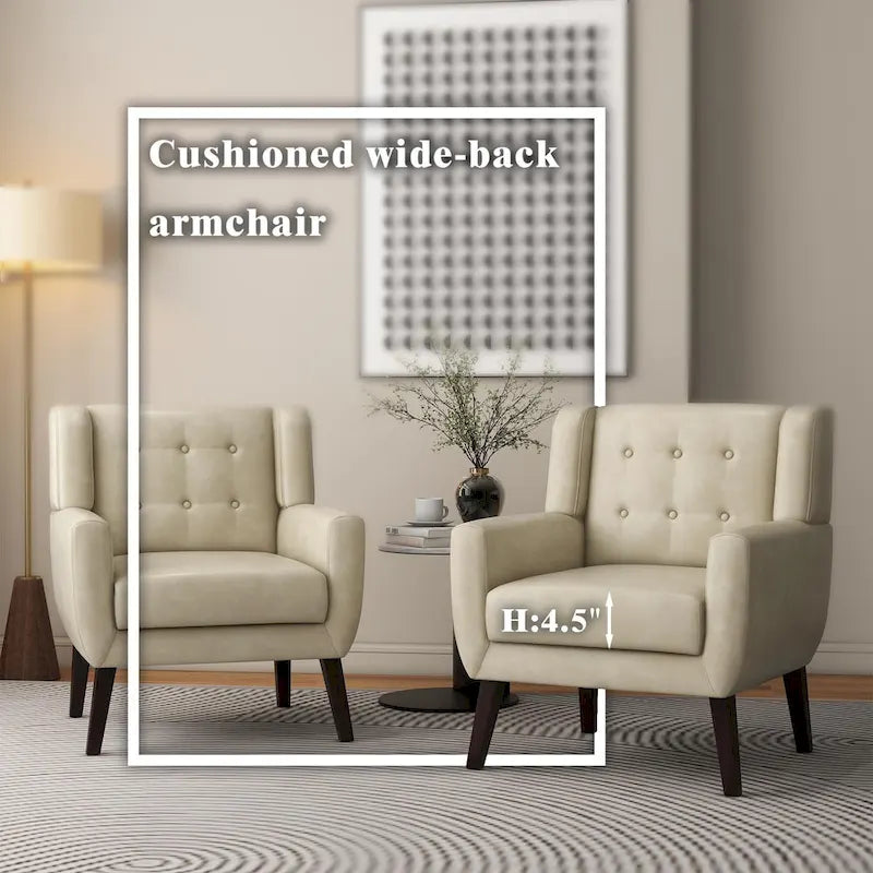 Faux Leather Accent Armchair Button Tufted High Back Wide Arms Dark Wood Legs