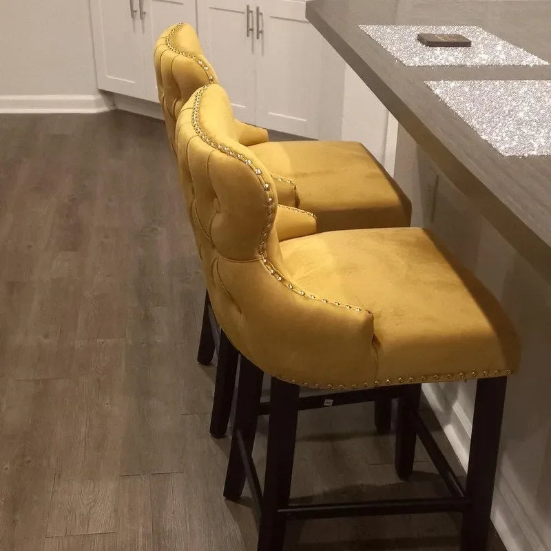 Button Tufted Velvet Wing Back Counter Bar Stool with Solid Wood Legs