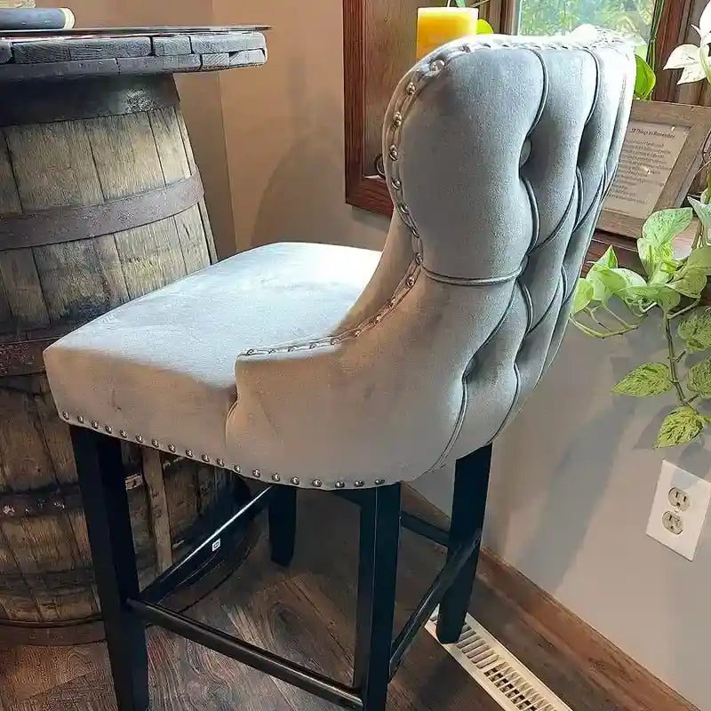 Button Tufted Velvet Wing Back Counter Bar Stool with Solid Wood Legs