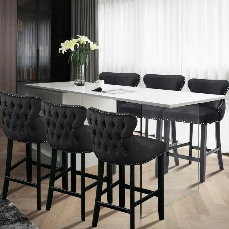 Button Tufted Velvet Wing Back Counter Bar Stool with Solid Wood Legs
