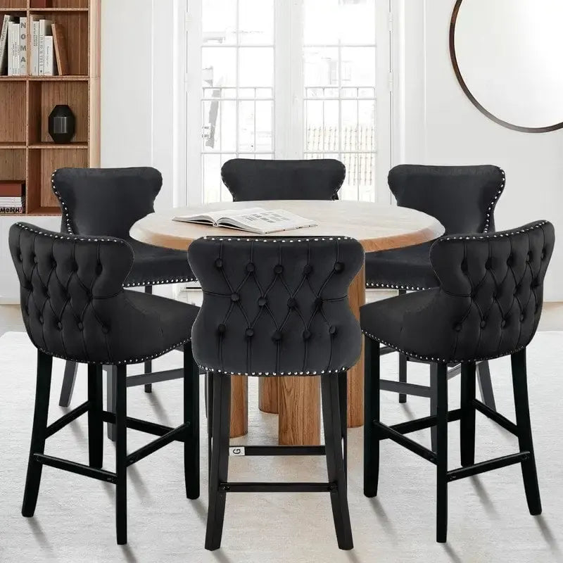 Button Tufted Velvet Wing Back Counter Bar Stool with Solid Wood Legs