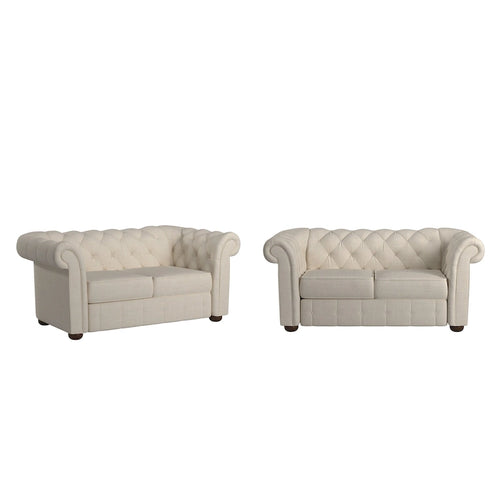 Chesterfield Loveseat Button Tufted Rolled Arms Espresso Bun Feet Beige Fabric