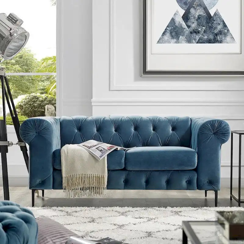 Chesterfield Velvet Loveseat Button Tufted Rolled Arms Black Metal Legs