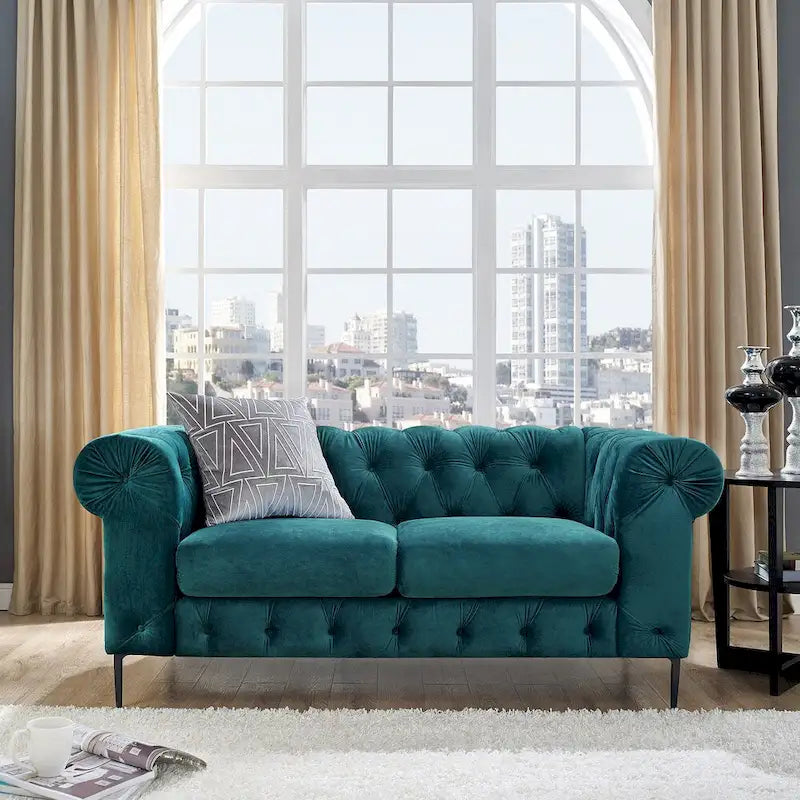 Corvus Prato Tufted Velvet Chesterfield Loveseat Sofa with Rolled Arms