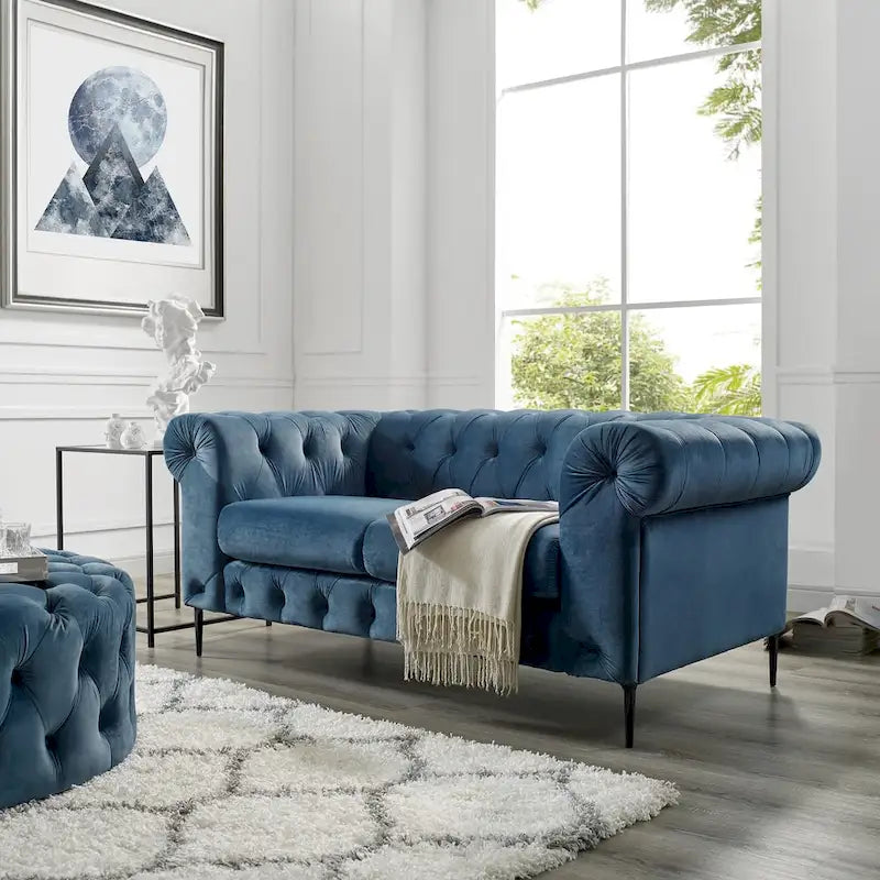 Chesterfield Velvet Loveseat Button Tufted Rolled Arms Black Metal Legs