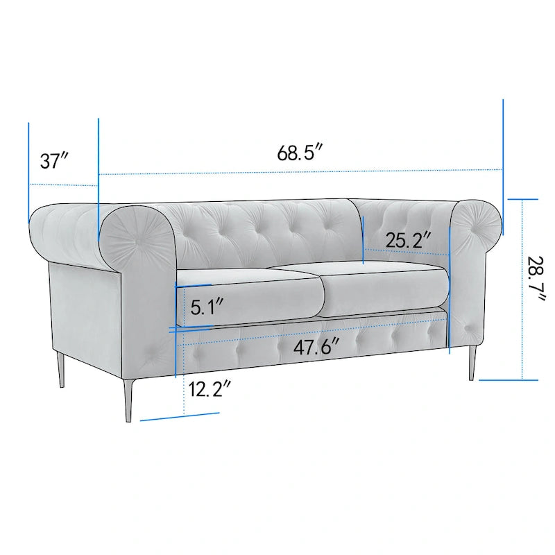 Chesterfield Velvet Loveseat Button Tufted Rolled Arms Black Metal Legs