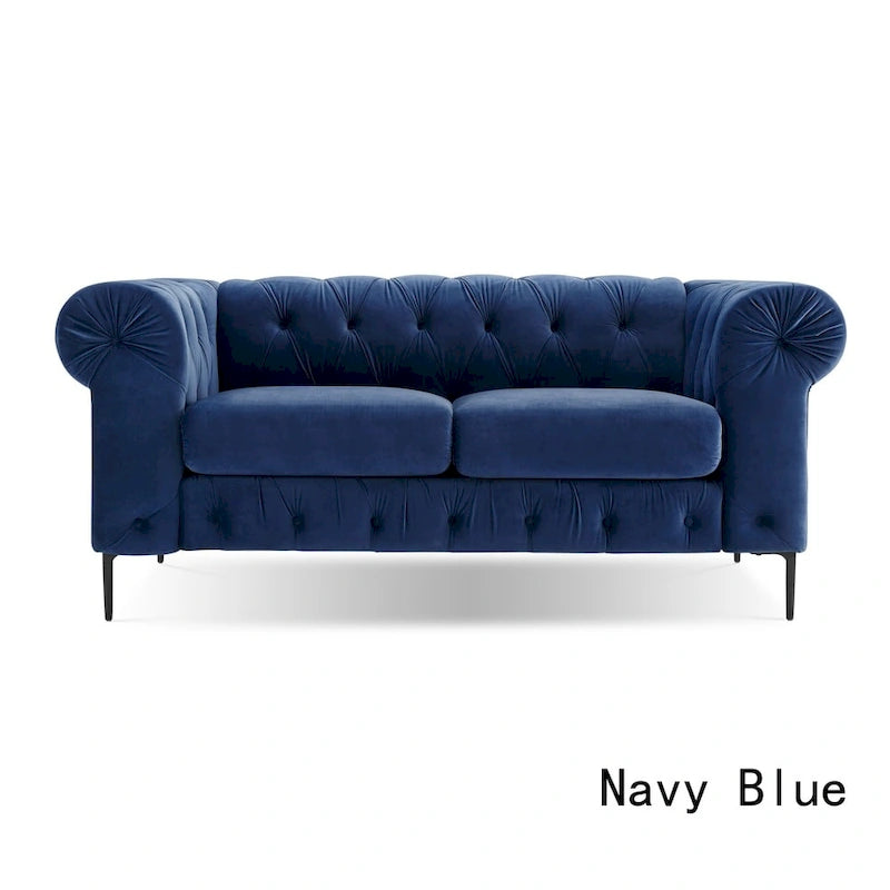 Chesterfield Velvet Loveseat Button Tufted Rolled Arms Black Metal Legs