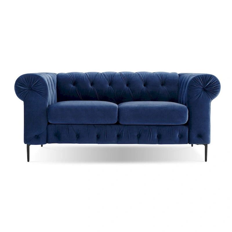Chesterfield Velvet Loveseat Button Tufted Rolled Arms Black Metal Legs