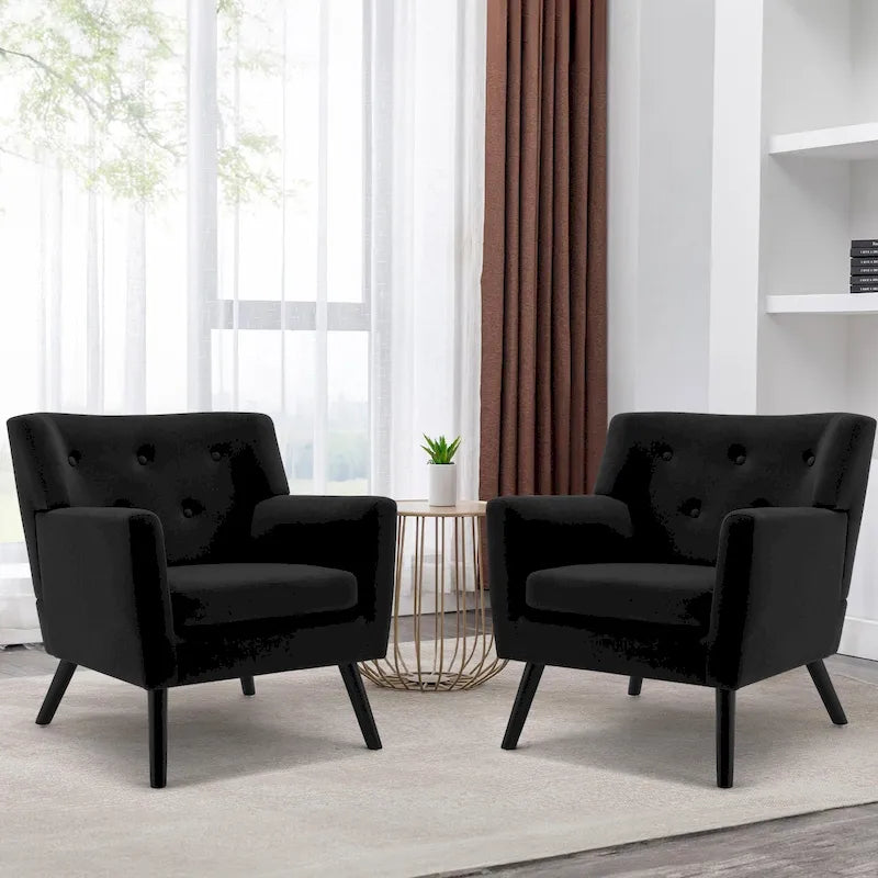 Velvet Button Tufted Accent Armchair Set of 2 Steel Frame Solid Wood Legs Multi-Color