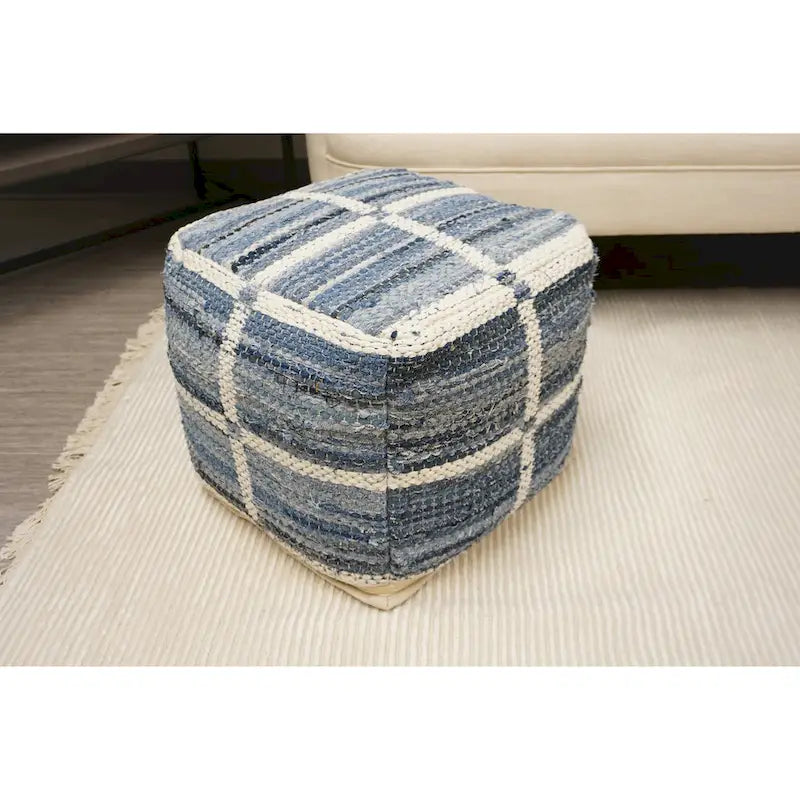 Handwoven Wool Cotton Pouf Square Footstool Woven Grid Pattern Blue Medium