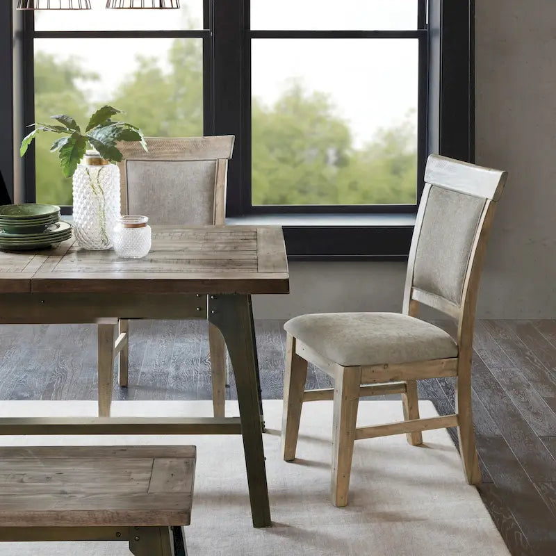 Rustic Upholstered Dining Side Chair Hand-Distressed Solid Wood Frame Grey