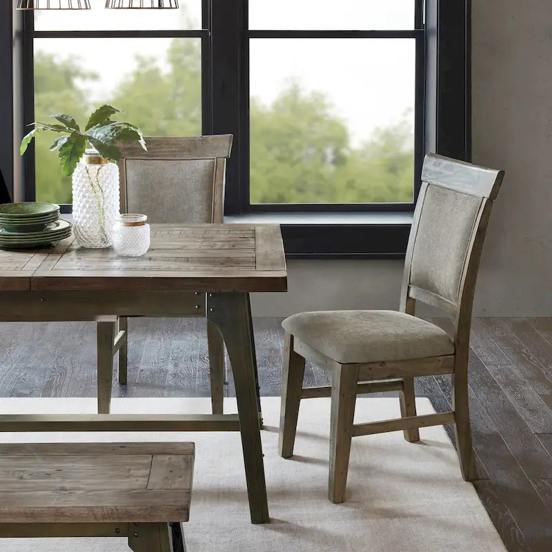Rustic Upholstered Dining Side Chair Hand-Distressed Solid Wood Frame Grey