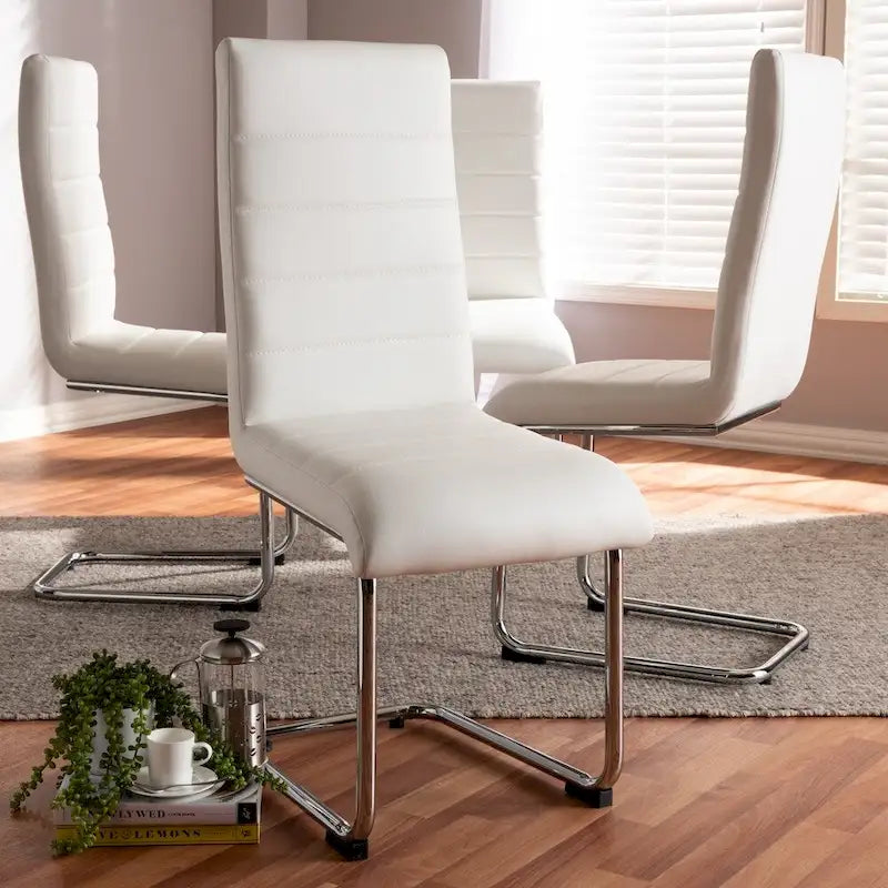 Mid-Century Modern Faux Leather Dining Chair Chrome Cantilever Legs Black White