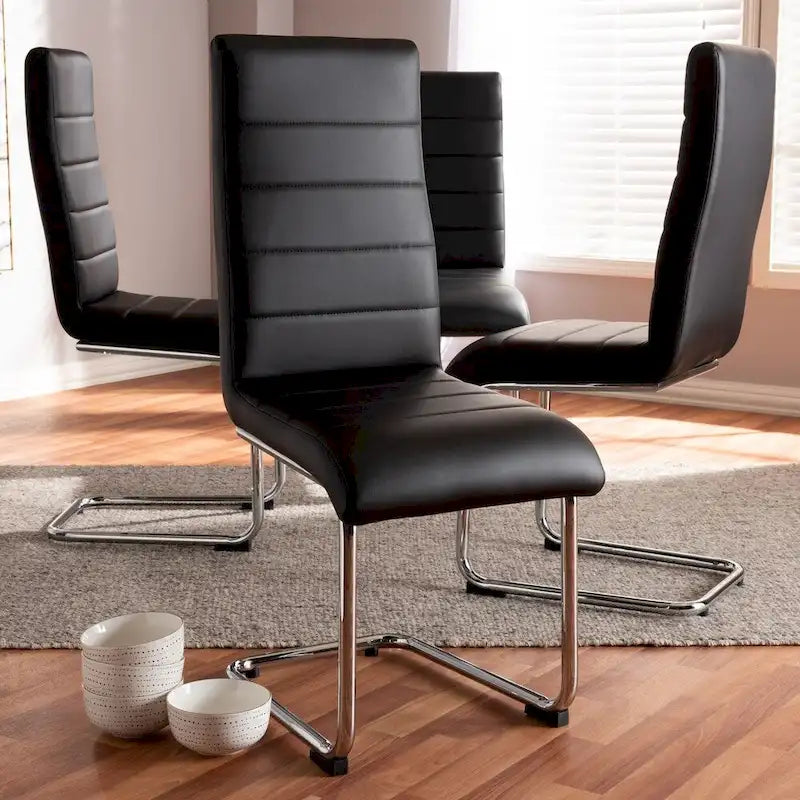 Mid-Century Modern Faux Leather Dining Chair Chrome Cantilever Legs Black White