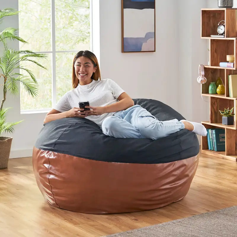 5-Foot Oversized Bean Bag Chair Two-Tone Fabric and Faux Leather Foam Fill Removable Cover