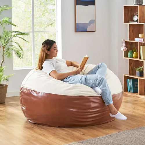5-Foot Oversized Bean Bag Chair Two-Tone Fabric and Faux Leather Foam Fill Removable Cover