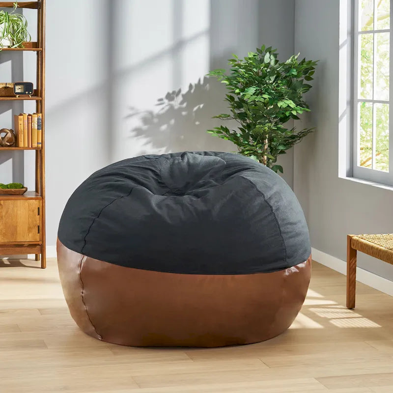 5-Foot Oversized Bean Bag Chair Two-Tone Fabric and Faux Leather Foam Fill Removable Cover
