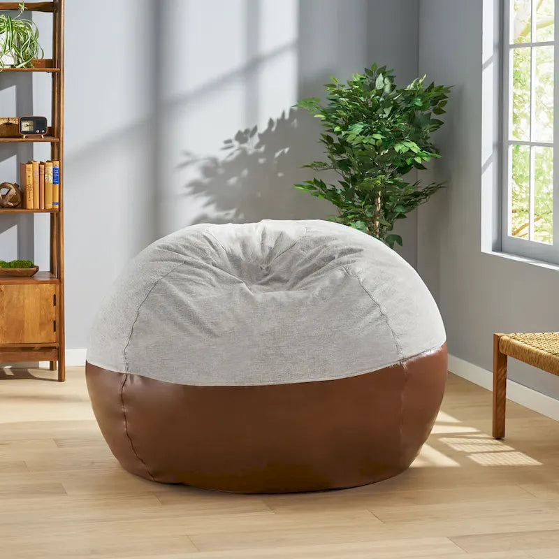 5-Foot Oversized Bean Bag Chair Two-Tone Fabric and Faux Leather Foam Fill Removable Cover