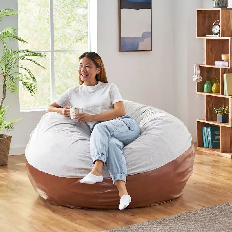 5-Foot Oversized Bean Bag Chair Two-Tone Fabric and Faux Leather Foam Fill Removable Cover
