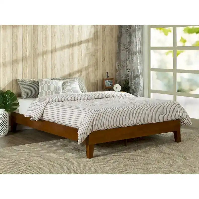 Queen Platform Bed Frame Solid Rubberwood Low Profile Wood Slat Support Cherry Finish