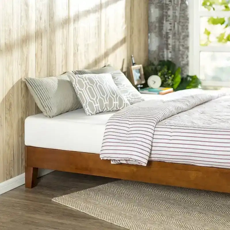 Queen Platform Bed Frame Solid Rubberwood Low Profile Wood Slat Support Cherry Finish