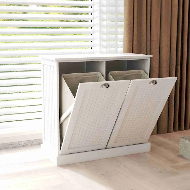 33 White Tilt-Out Laundry Sorter Cabinet with Two-Compartment