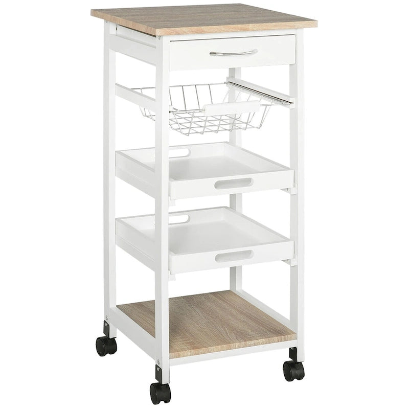 Rolling Kitchen Island Cart with Drawer Wire Baskets and Trays White