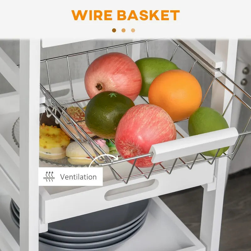 Rolling Kitchen Island Cart with Drawer Wire Baskets and Trays White
