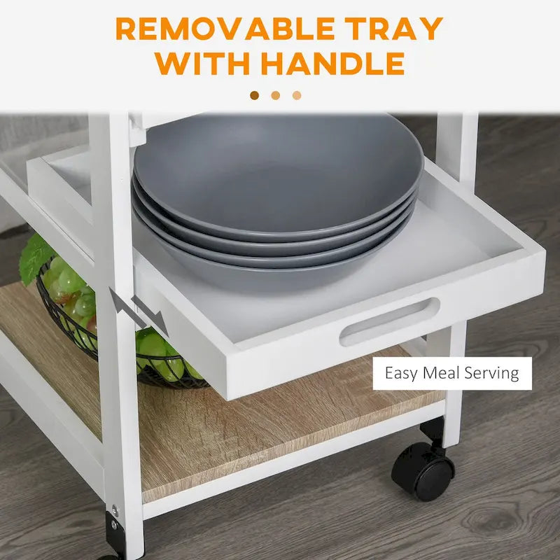 Rolling Kitchen Island Cart with Drawer Wire Baskets and Trays White