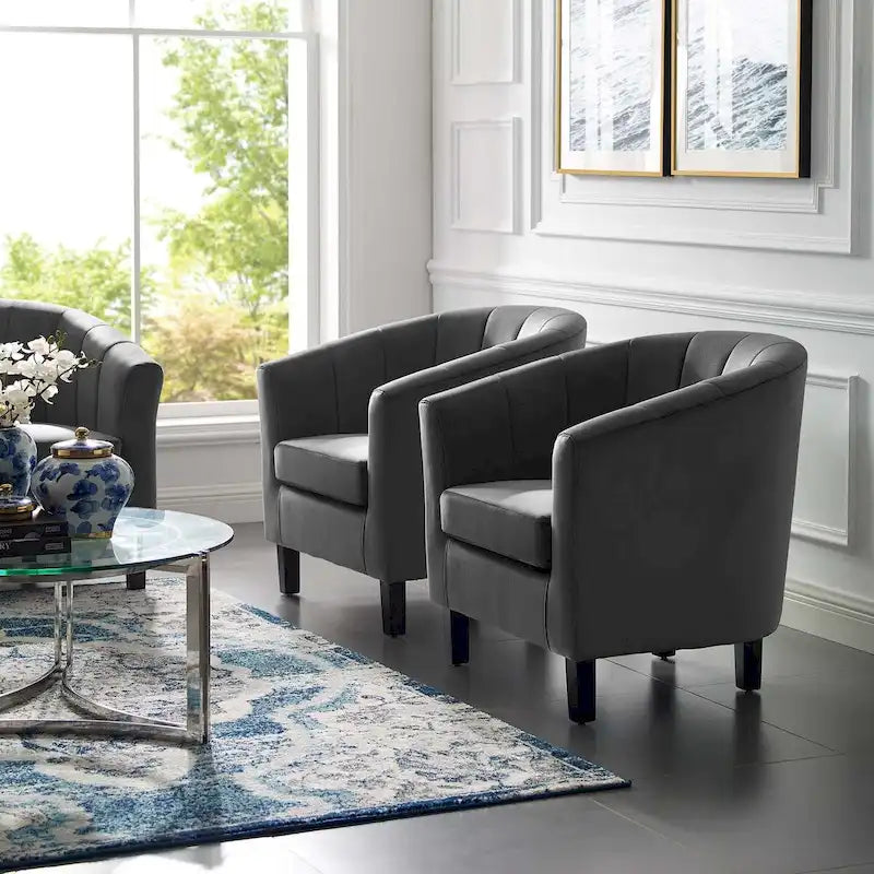 Barrel Armchair Channel Tufted Performance Velvet Rubberwood Legs Set of 2