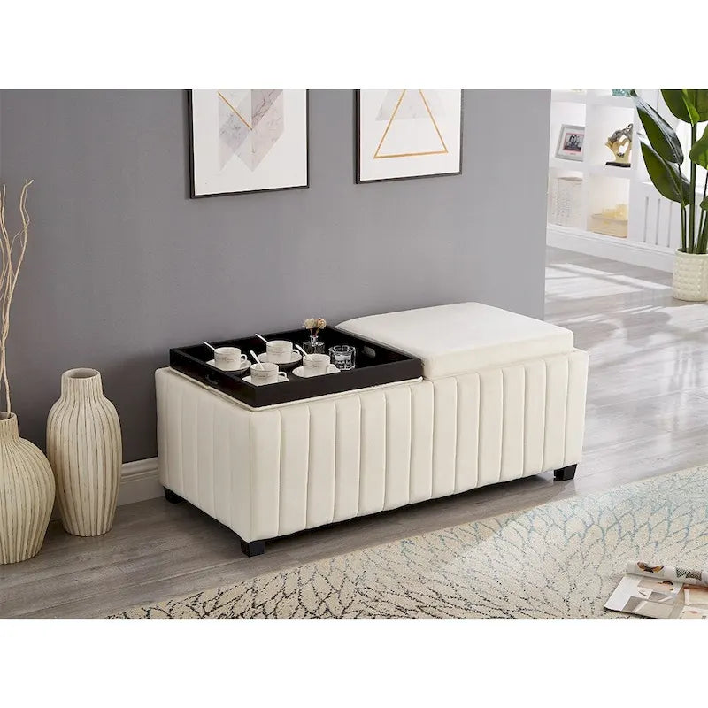 Upholstered Storage Ottoman Bench Channel Tufted Fabric Bedroom Living Room Beige