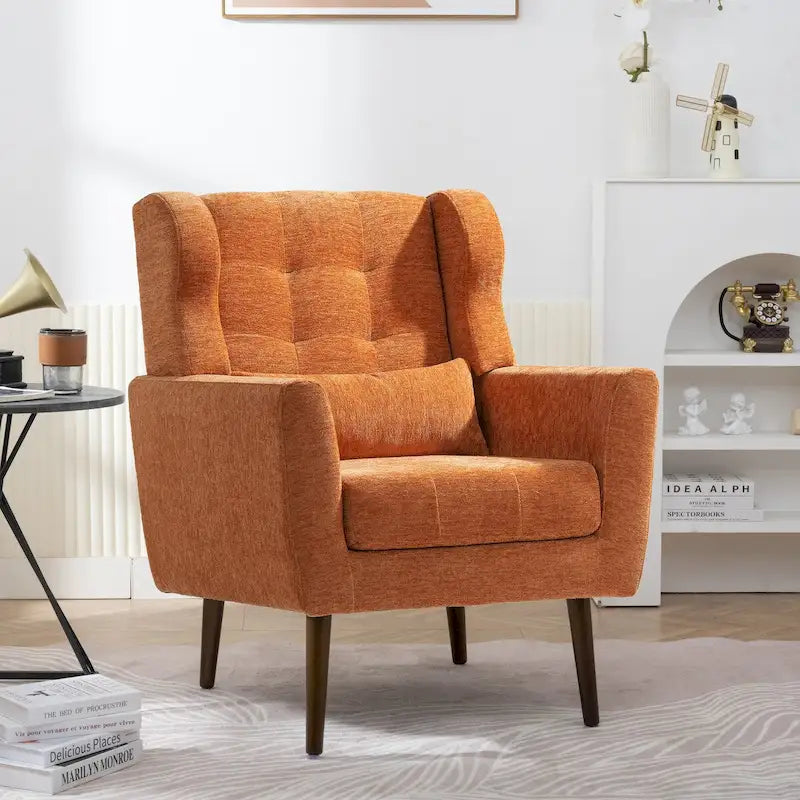 Mid-Century Modern Chenille Accent Chair High Back with Waist Cushion Wood Legs