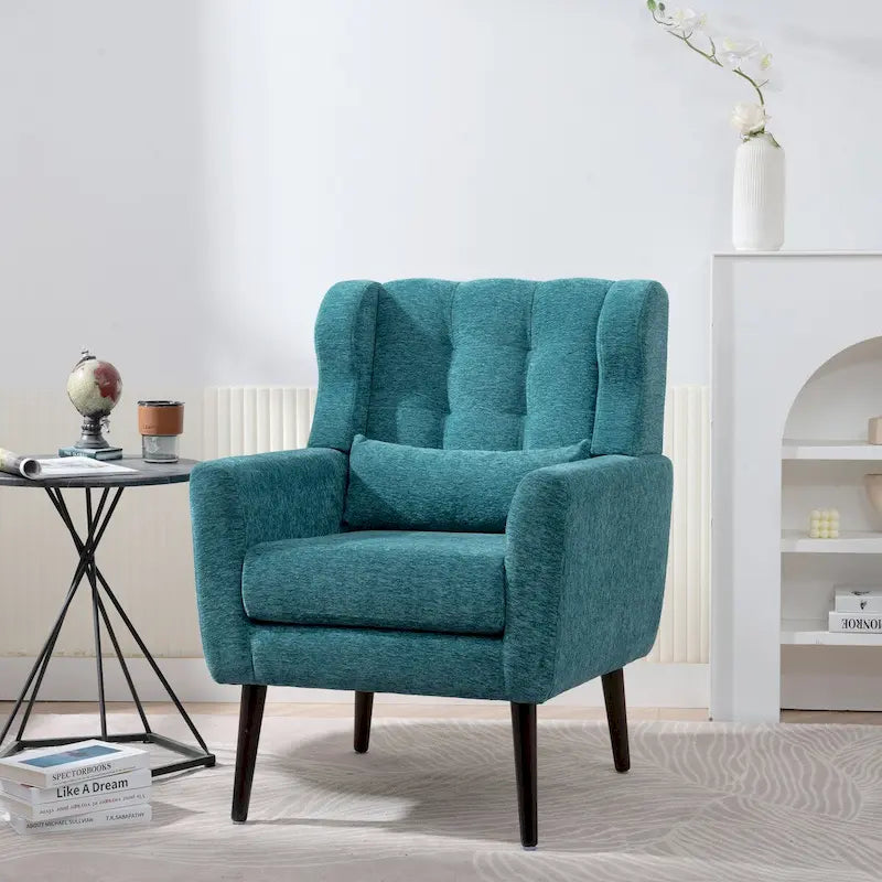 Mid-Century Modern Chenille Accent Chair High Back with Waist Cushion Wood Legs