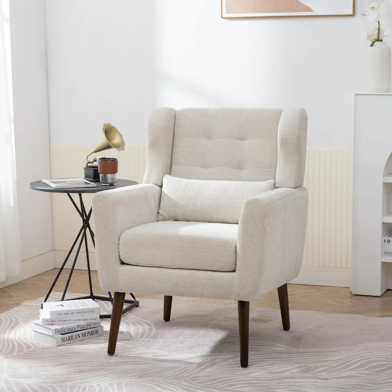 Mid-Century Modern Chenille Accent Chair High Back with Waist Cushion Wood Legs