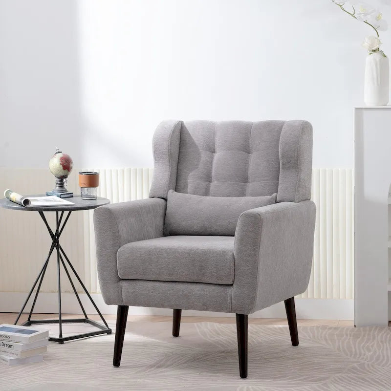 Mid-Century Modern Chenille Accent Chair High Back with Waist Cushion Wood Legs