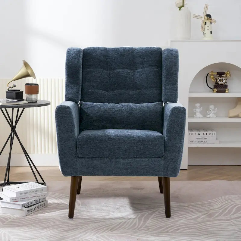 Mid-Century Modern Chenille Accent Chair High Back with Waist Cushion Wood Legs