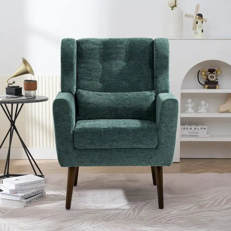 Mid-Century Modern Chenille Accent Chair High Back with Waist Cushion Wood Legs